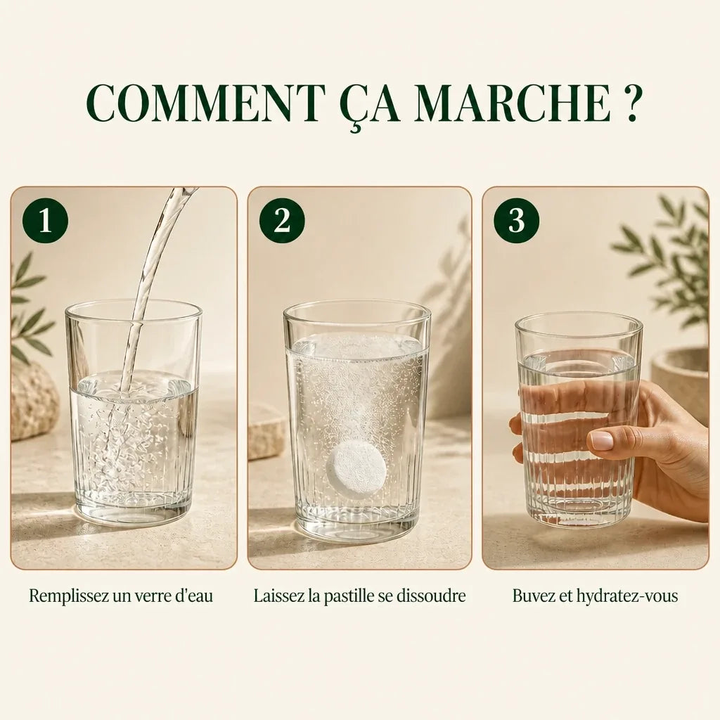 Maréa Électrolytes - comment ça marche : remplir un verre, dissoudre la pastille, boire et s'hydrater