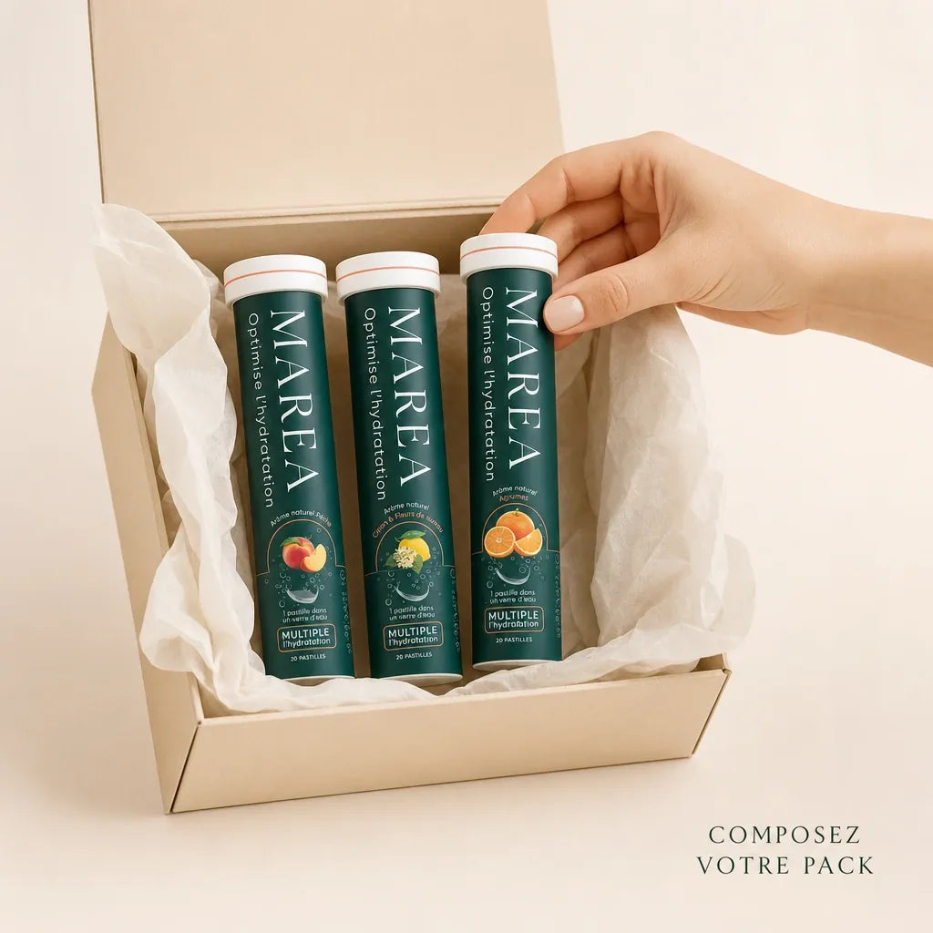 Maréa Électrolytes - composez votre pack, coffret ouvert avec les 3 saveurs pêche, citron sureau et agrumes