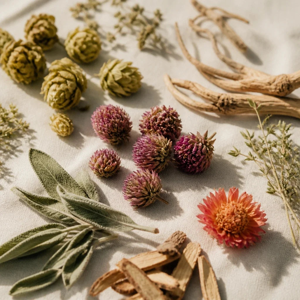 Composition éditoriale de plantes séchées de la formule Maréa Harmonie sur lin crème