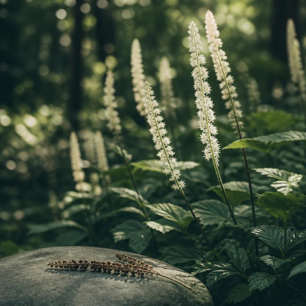 Actée à grappes noires en sous-bois, plante traditionnellement utilisée pour accompagner la ménopause