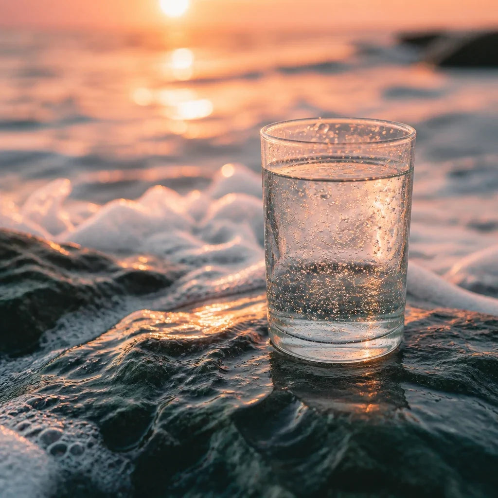Verre d'eau et vagues marines au lever du soleil, symbole d'hydratation et d'électrolytes Marea
